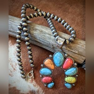 New Handcrafted Faux Turquoise Stone Squash Pendant Beaded Necklace